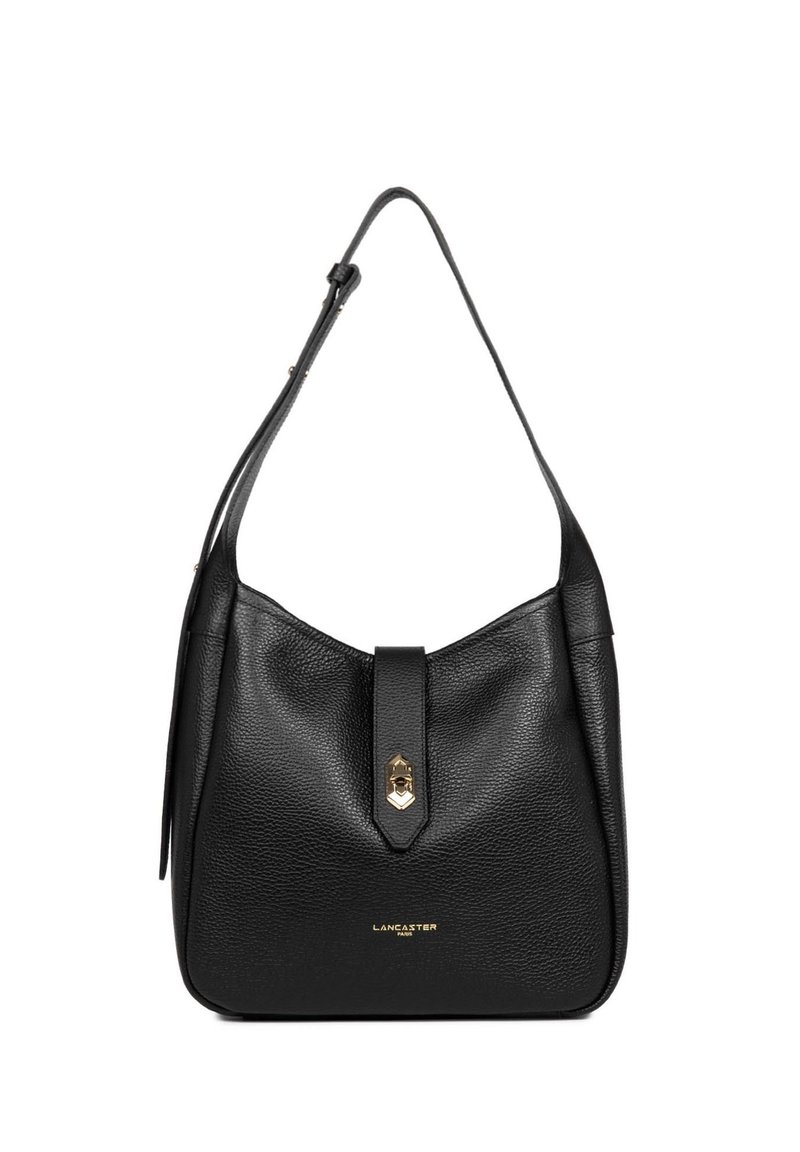 Borsa a tracolla nera in pelle con finitura testurizzata, caratterizzata da un accento di hardware dorato sulla parte anteriore e una singola tracolla regolabile.