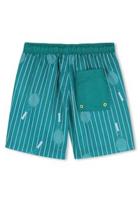 Τιρκουάζ μαγιό σορτς με λευκές κάθετες ρίγες και σχέδια με ρακέτες τένις. Διαθέτει ελαστική μέση, πίσω τσέπη και λεπτομέρεια με οπές.