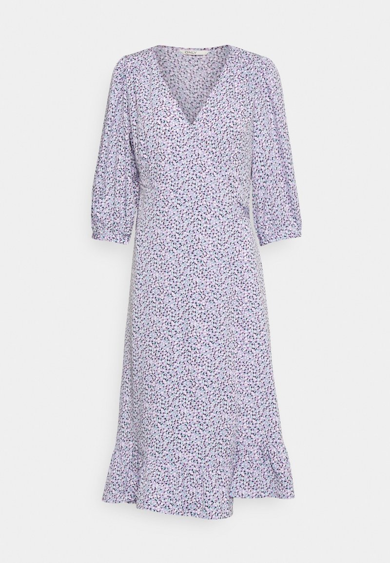 Robe midi violet clair avec petit imprimé floral, col en V, manches trois-quarts bouffantes, taille cintrée et ourlet à volants.