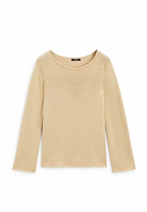 Beige langærmet strikket sweater med rund halsudskæring, enkel tekstur og et lille sort mærke inde i kraven.