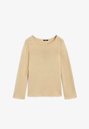 Maglione beige a maniche lunghe in maglia con scollo rotondo, trama semplice e piccola etichetta nera all'interno del collo.