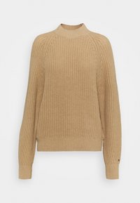 Maglione beige con un design a maglia testurizzata, colletto alto e polsini e orlo a costine. Le maniche raglan offrono una vestibilità comoda.