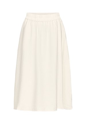 Valge, keskmise pikkusega seelik elastse vöökoha ja kerge kangaga, millel on voolav, tekstuuriga disain ja nähtavad mustrid puuduvad.