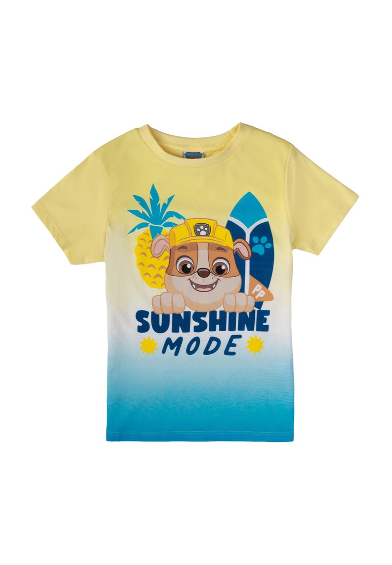 T-shirt gialla a maniche corte con una grafica di un cane dei cartoni animati, un ananas e una tavola da surf, con la scritta "SUNSHINE MODE" in grassetto blu.