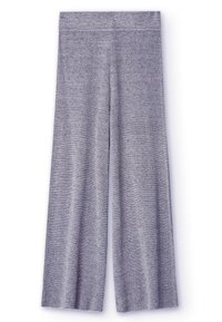 Pantaloni a gamba larga di un grigio chiaro, realizzati in tessuto testurizzato ed elastico. Presentano una vita liscia ed elastica e una vestibilità comoda lungo le gambe.