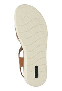 Braune Leder-Sandale mit einer weißen strukturierten Gummisohle. Verfügt über offene Ausschnitte und verstellbare Riemen. Logo "remonte" auf der Sohle.