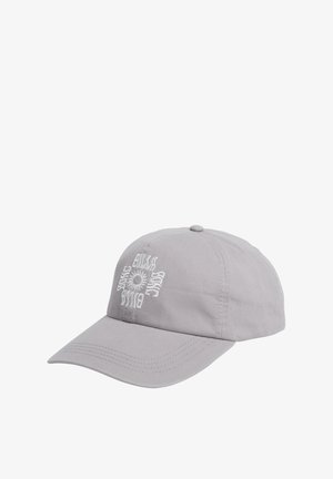 Gray cotton baseball cap with a curved brim and embroidered sun-like design at the front. Features a classic adjustable strap at the back.
