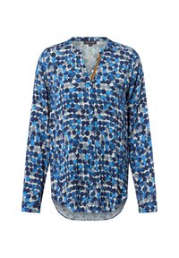 Blusa a maniche lunghe con motivo circolare blu e blu navy, scollo a V con parziale abbottonatura e vestibilità rilassata.