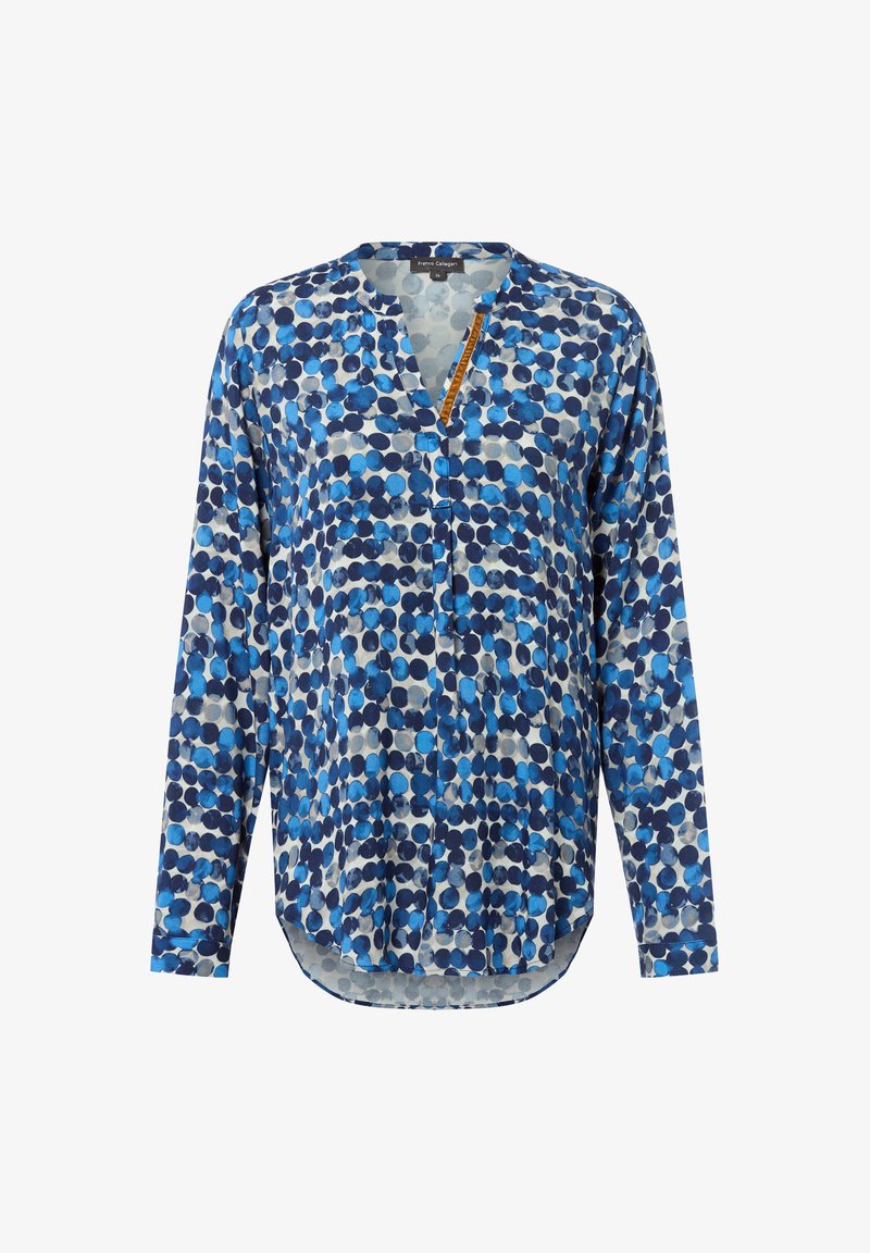 Blusa a maniche lunghe con motivo circolare blu e blu navy, scollo a V con parziale abbottonatura e vestibilità rilassata.