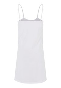 Robe nuisette blanche sans manches avec fines bretelles réglables et encolure droite, présentée sur un fond blanc uni.