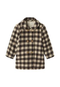 Cappotto a doppio petto marrone e crema a scacchi con bottoni in legno e maniche lunghe, colletto piegato.