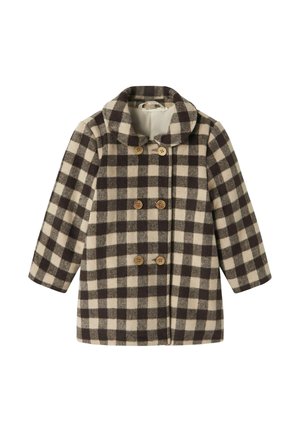 Cappotto a doppio petto marrone e crema a scacchi con bottoni in legno e maniche lunghe, colletto piegato.