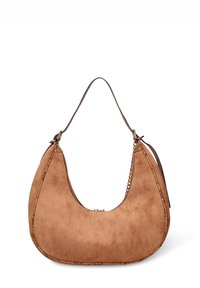 Bruine suède hobo-tas met een afgeronde vorm, een gestructureerde afwerking en een dunne schouderriem. Voorzien van een metalen ritssluiting en decoratieve stiksels.