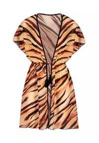 Przezroczysty, lekki kimono w pomarańczowe i brązowe paski tygrysa, z głębokim dekoltem w kształcie litery V, krótkimi rękawami oraz regulowanym sznurkiem z frędzlami.