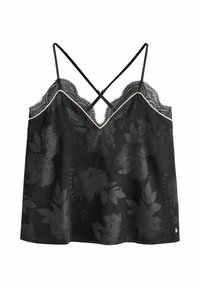 Mustat topit, joissa on kukkakuosi, pitsireunus ja säädettävät ristikkäiset olkaimet; niissä on herkkä kiilto ja rento istuvuus.