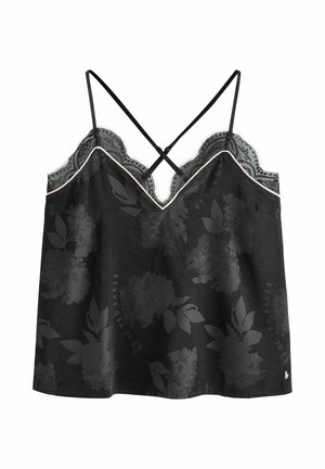 Mustat topit, joissa on kukkakuosi, pitsireunus ja säädettävät ristikkäiset olkaimet; niissä on herkkä kiilto ja rento istuvuus.