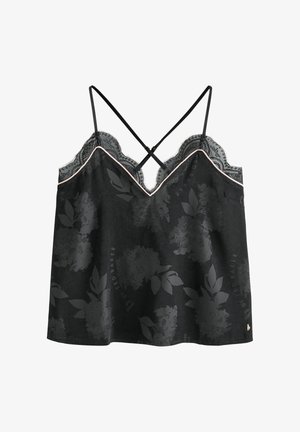 Schwarzes Camisole mit floralem Muster, Spitzenbesatz und verstellbaren Kreuzträgern; hat einen subtilen Glanz und eine lockere Passform.