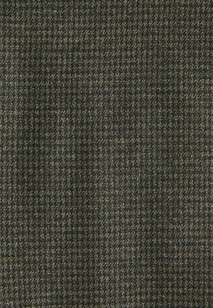 Struktureret stof med et fiskebensmønster, bestående af mørkegrå og lysebrune tråde med subtile variationer og højlys.