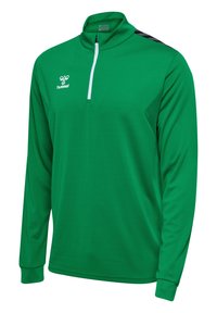 Grøn langærmet atletisk skjorte lavet af åndbart stof, med en kvart-zip krave, sorte accenter på skuldrene og en tekstureret overflade.