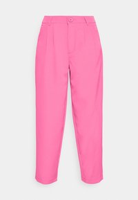 Pink trousers with a high waist, tapered legs, and a single button closure. The fabric appears smooth with a subtle sheen.