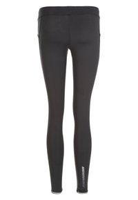 Zwarte leggings van rekbare stof met een gladde textuur, hoge tailleband en reflecterende details langs het onderbeen.