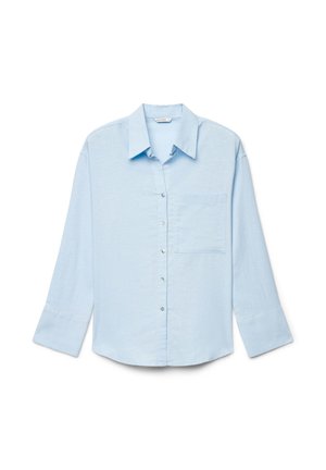 Light blue long-sleeve button-up shirt with a collar and a single chest pocket, laid flat on a white background.
