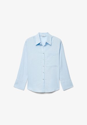 Light blue long-sleeve button-up shirt with a collar and a single chest pocket, laid flat on a white background.