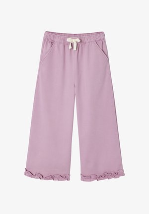 Fliederfarbene Hosen mit weitem Bein, elastischem Bund, weißem Kordelzug, Seitentaschen und gerüschten Säumen am unteren Ende jedes Beins.