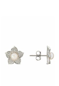 Silver stud earrings shaped like a flower, featuring a central pearl surrounded by sparkling clear stones, with a polished finish.