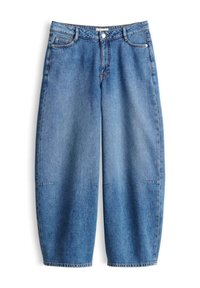 Blue denim wide-leg jeans with five pockets and a button closure at the waist, shown flat on a white background.