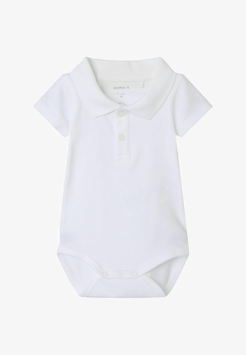 Baltas polo stiliaus kūdikių bodysuit'as su trumpomis rankovėmis, trimis mygtukais kaklo srityje ir spaudėmis apačioje. Lygus medvilnės audinys.