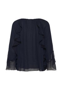 Marinblå chiffongblus med volangärmar och -krage, som har en lös och flödande silhuett samt genomskinlig textur.