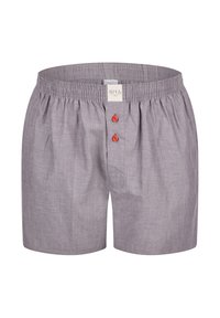 Boxer in cotone grigio con elastico in vita, dotati di due bottoni rossi sulla parte anteriore e un'etichetta cucita nella parte superiore. Texture liscia, design casual.