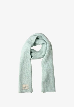 Light green ribbed knit scarf with a small white rectangular label near one end, displayed looped against a white background.