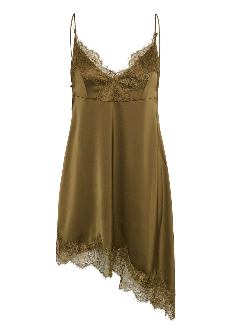 Robe nuisette en satin vert olive avec bordure en dentelle à l'encolure et ourlet asymétrique, avec fines bretelles spaghetti.