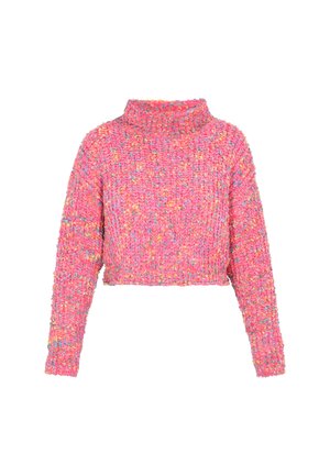 Pulover scurt din țesătură tricotată roz, având bentițe colorate, guler înalt și maneci lungi cu un finisaj texturat.