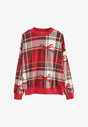 Rdeča in rjava dolg rokav sweatshirt s tartan vzorcem in dekorativnimi rdečimi pentljami. Ima rebrast izrez in manšete, izdelan je iz mehkega blaga.