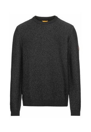 Gebreid crewneck sweater in donkergrijs, met een getextureerd patroon, geribde manchetten en zoom, en een leren label op de linker mouw.