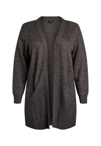 Pletený tmavošedý kardigan s otvoreným predným dielom, rebrovanou textúrou, dlhými rukávmi a dvoma prednými vreckami. Ľahký a neformálny dizajn.