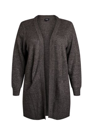 Cárdigan de punto gris oscuro con frontales abiertos, textura acanalada, mangas largas y dos bolsillos delanteros. Dise�ño ligero y casual.