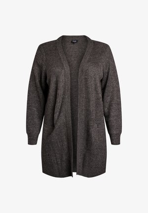 Cardigan lavorato a maglia grigio scuro con apertura frontale, texture a coste, maniche lunghe e due tasche frontali. Design leggero e casual.