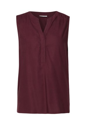 Burgunderfarbene ärmellose Bluse mit einem V-Ausschnitt, weicher Textur und leichter Raffung an den Schultern. Keine sichtbaren Verschlüsse oder Muster.