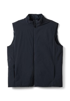 Chaleco negro sin mangas con cuello alto y cremallera frontal, confeccionado con una tela suave y ligera, ideal para usar en capas y para un estilo casual.