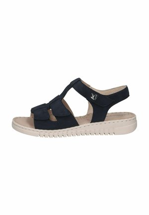 Sandalo blu navy con cinturini incrociati, materiale scamosciato morbido, soletta imbottita e suola in gomma beige chiaro texturizzata per aderenza e comfort.