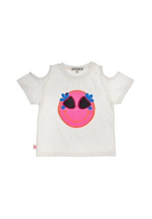Weißes Kleinkind-Shirt mit Cutouts an den Schultern und einem großen pinkfarbenen Smiley-Gesicht mit schwarzen Augen und blauen Tränen auf der Vorderseite gestickt.
