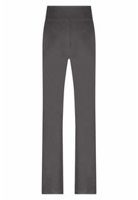 Graue, taillierte Hose mit breitem Bund, gefertigt aus einem glatten, dehnbaren Stoff. Sie hat ein gerades Bein und keine Taschen oder Verzierungen.