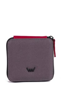 Purple canvas wallet with red zipper accent, rectangular shape, featuring a black logo. Textured surface with a zip closure.