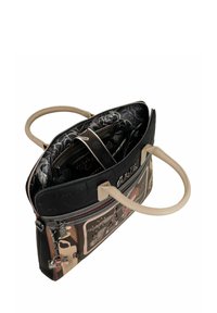 Borsa a mano nera e beiger con esterno texture, chiusura a zip e doppio manico; l'interno presenta un motivo floreale e numerosi scomparti.