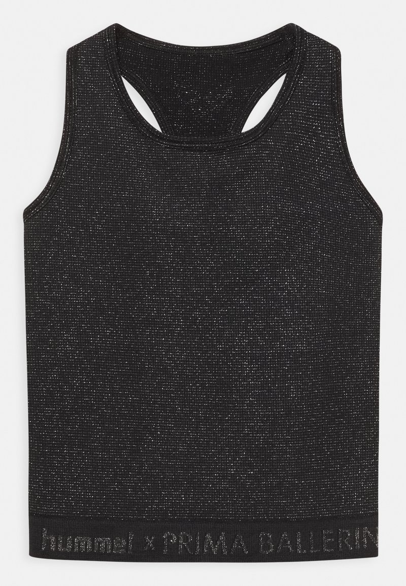 Schwarzes Tanktop mit einer strukturierten, funkelnden Oberfläche. Verfügt über ein Racerback-Design und einen abgerundeten Saum, mit einem Logo-Band am unteren Rand.