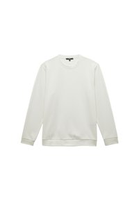 Hvid langærmet sweatshirt med tekstureret stof, ribbet rund halsudskæring samt ribbede manchetter og nederste kant. Rent, minimalistisk design uden mønstre.